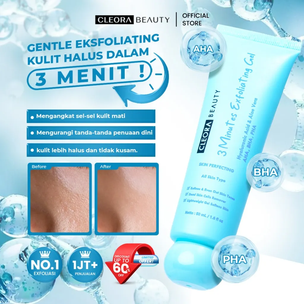[TERLARIS] Cleora 3 Minutes Exfoliating Peeling Gel 50gr - Peeling Gel Scrub Peel Skincare with AHA BHA PHA Membantu Mengangkat Sel kulit Mati Kusam Sisa Kotoran dan Mencerahkan Exfoliasi Wajah Wanita Pria Brightening Extract Hyaluronic Acid & Niacinamide