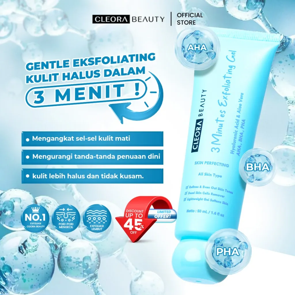 [SPESIAL OFFER] Cleora Beauty 3 Minutes Exfoliating Gel 50g | Peeling Gel Membantu Mengangkat Kotoran & Sel Kulit Mati Mencerahkan Muka Skincare Exfoliasi Wajah Penghilang Dark Spot Wanita Pria Eksfoliasi Muka Kusam Komedo Gradakan AHA BHA PHA Niacinamide