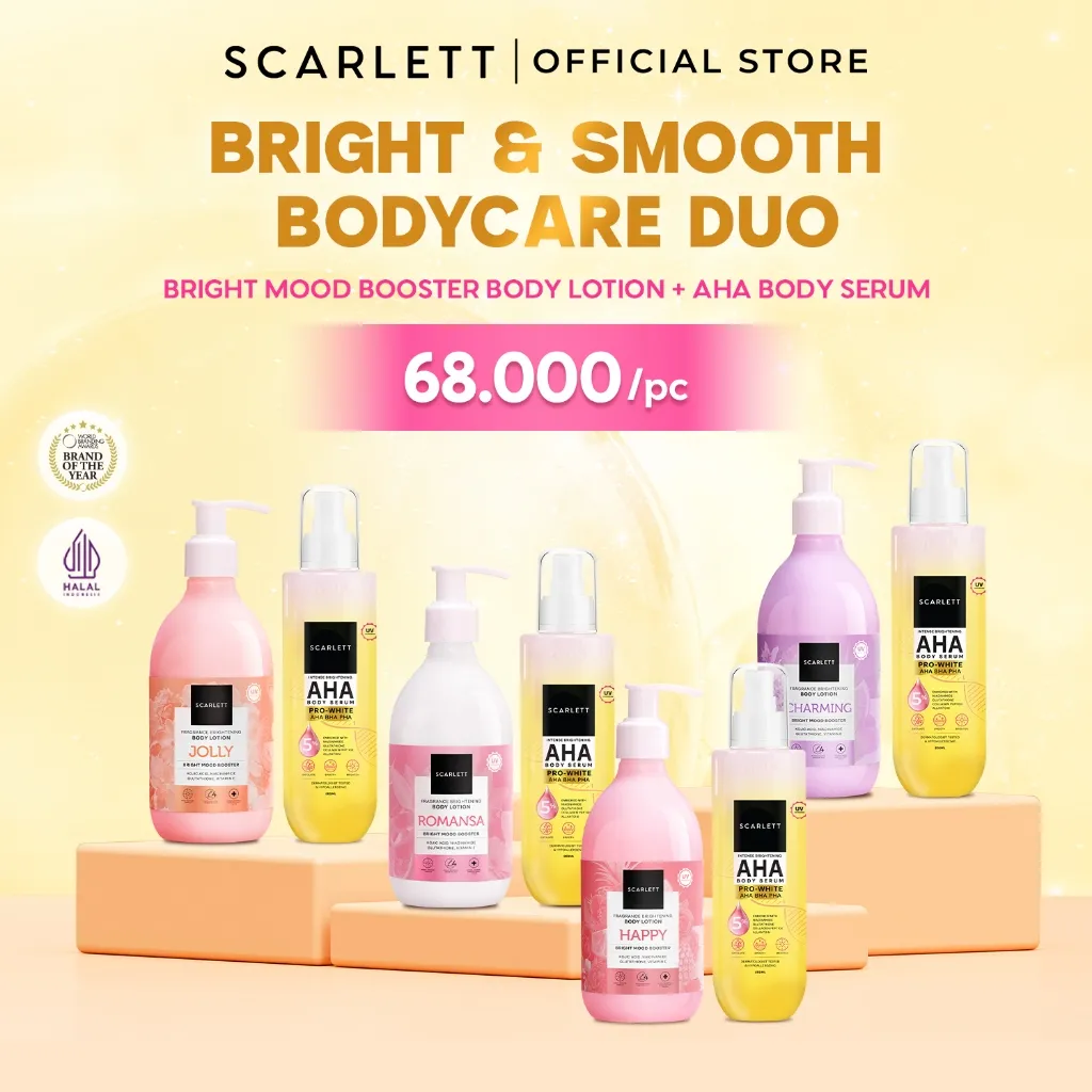 SCARLETT Bundle Intense Brightening AHA Body Serum + Fragrance Brightening Body Lotion Bright Mood Booster 5% AHA BHA PHA +4 Essential Oils 3x Brightening Power | Intense Membantu Mencerahkan Kulit Meratakan Warna Kulit Menenangkan Wangi Tahan Seharian