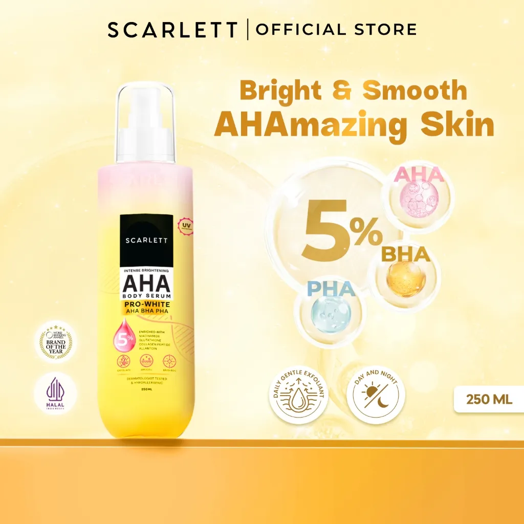 SCARLETT Intense Brightening AHA Body Serum 250ml | 5% AHA BHA PHA Mencerahkan Meratakan Warna Kulit Melembutkan Chicken Skin | Solusi untuk Kulit Belang