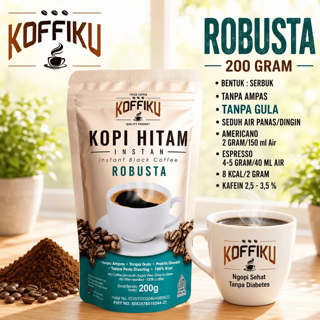 KOFFIKU Kopi Hitam Tanpa Ampas 100% ROBUSTA | Kopi Instan Praktis Tanpa Saring 200gr