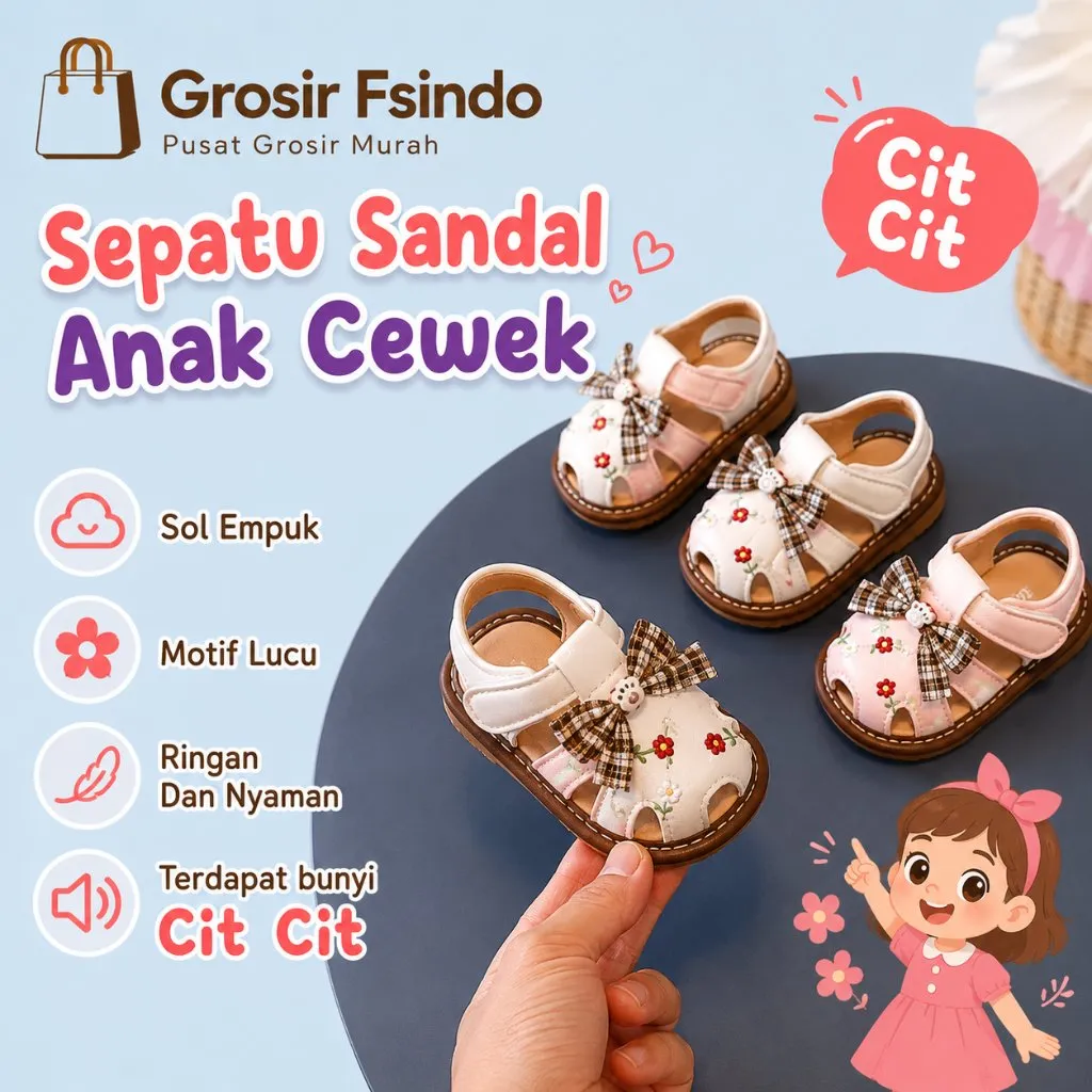 Sandal Flat Korea Anak Cewe/ Sepatu Sandal Bayi Motif Bunga Bordir Pita KODE D3/ Flatshoes anak perempuan