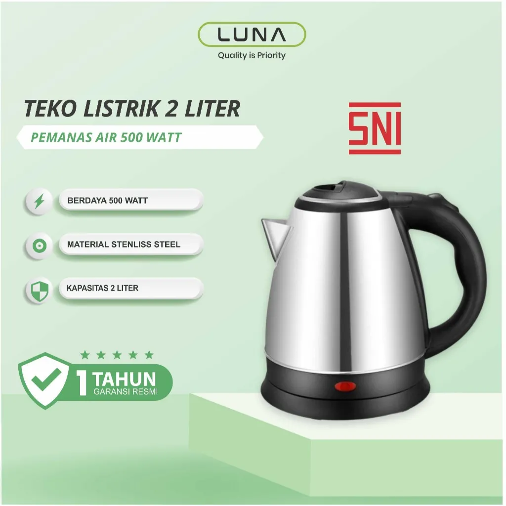 LUNALIFE Teko Listrik 2 Liter SNI 500 W  Stainless Steel Pemanas Air Electric Kettle Ketel Official
