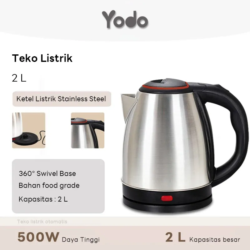 Teko Listrik 2 Liter 500 Watt Stainless Steel Pemanas Air Electric Kettle Ketel Besar Otomatis mati sendiri