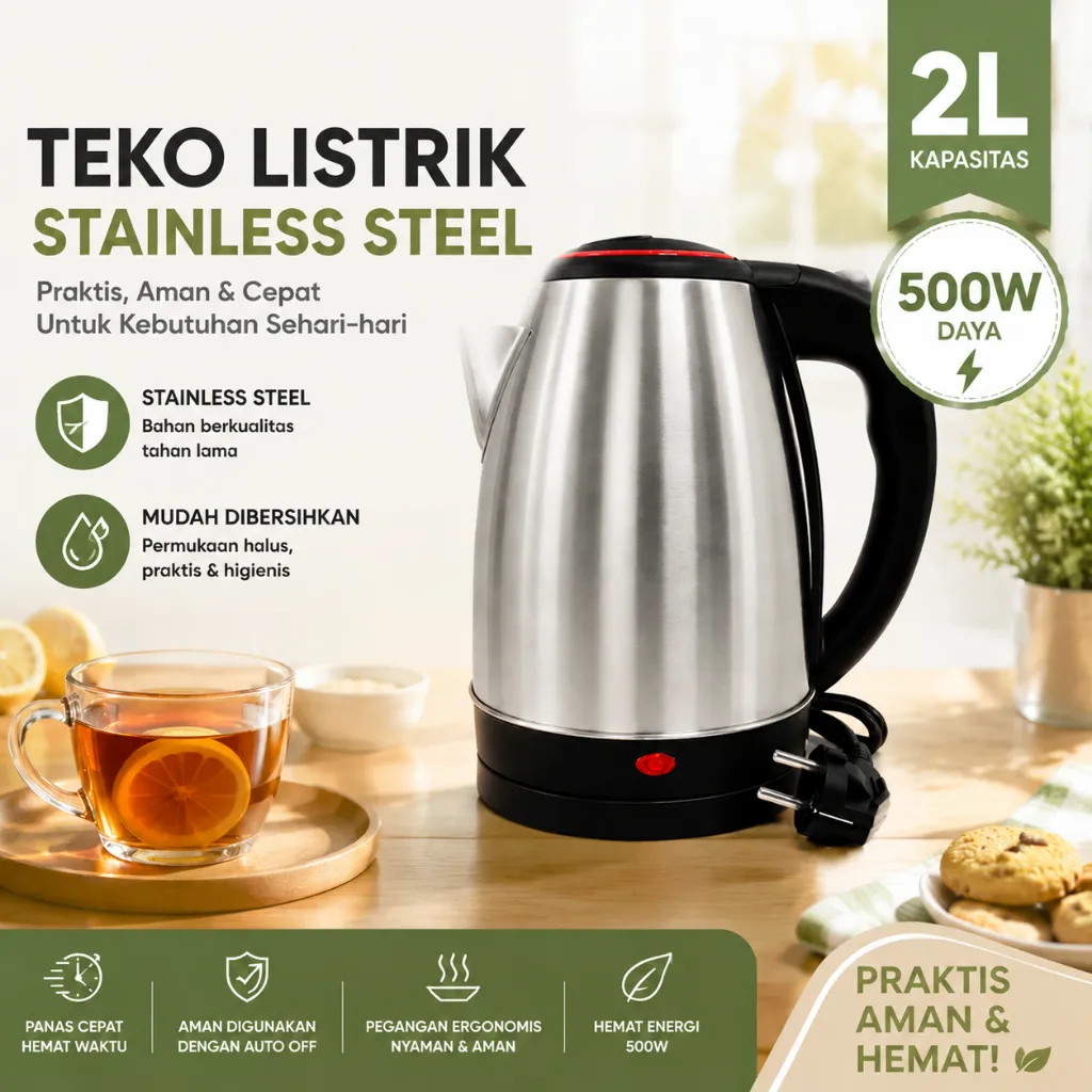 LAsen Teko Listrik Stainless Steel 2L Daya 500W Pemanasan Super Cepat Mati Otomatis Saat Mendidih Perlindungan Ganda Ketel Air Rebus Rumah