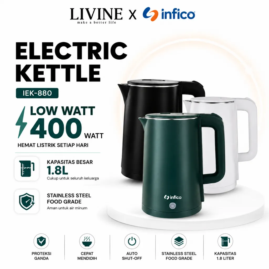 Infico Teko Listrik Double Wall Pemanas Air Ceret Food Grade Elektrik Kettle Air