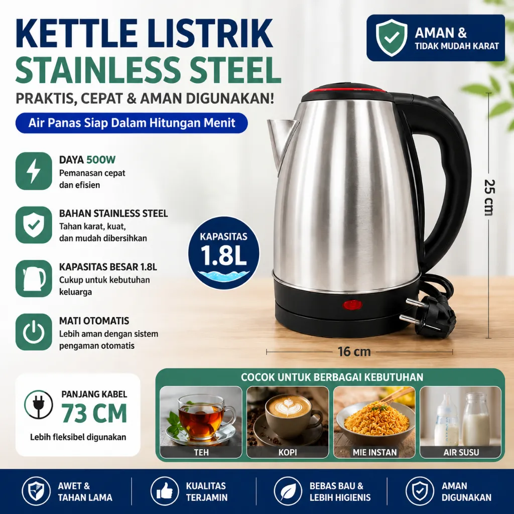 G.S.D Teko Listrik Stainless Steel 2L 500Watt Pemanasan Cepat Otomatis Mati Saat Mendidih Ketel Air Panas Rumah Dapur Modern