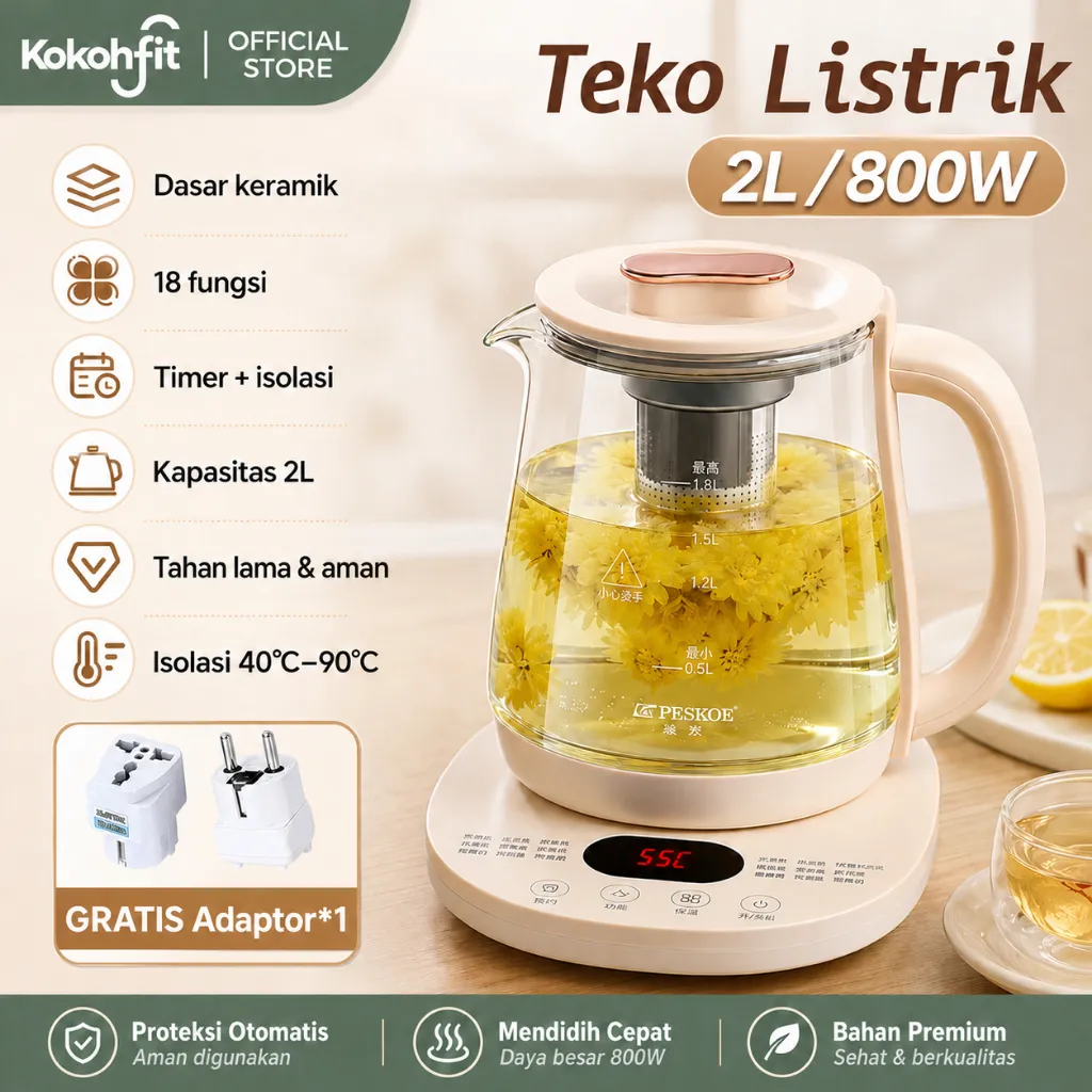 KokohFit Teko Listrik 2L / 800W Pemanas Air 24 Jam , Multifungsi Bisa Rebus Air Masak Kettel untuk Perjalanan & Rumah