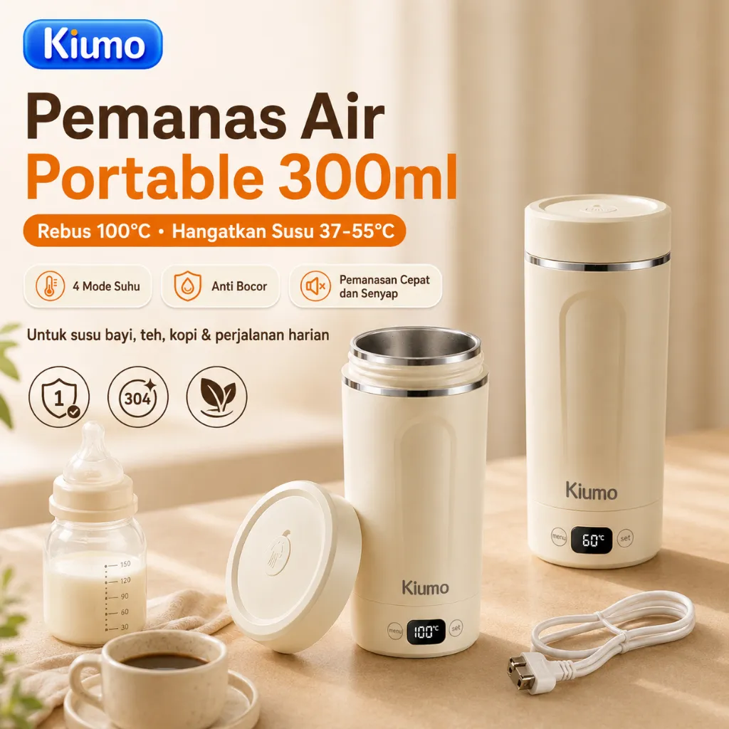 Kiumo Pemanas Air Portable 300ml Teko Listrik Mini Kettle Listrik Travel 4 Mode Suhu Anti Bocor Rebus 100°C Penghangat untuk Susu Bayi
