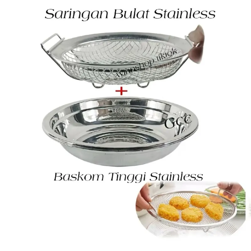 saringan minyak sayur makanan gorengan serbaguna STAINLESS TEBAL / piring tiris minyak saringan kukusan rebus goreng stainless premium / saringan gagang 2 sisi stainless tebal anti karat / cooling rack / tatakan kukusan 17cm 21cm 25cm 28cm 30cm