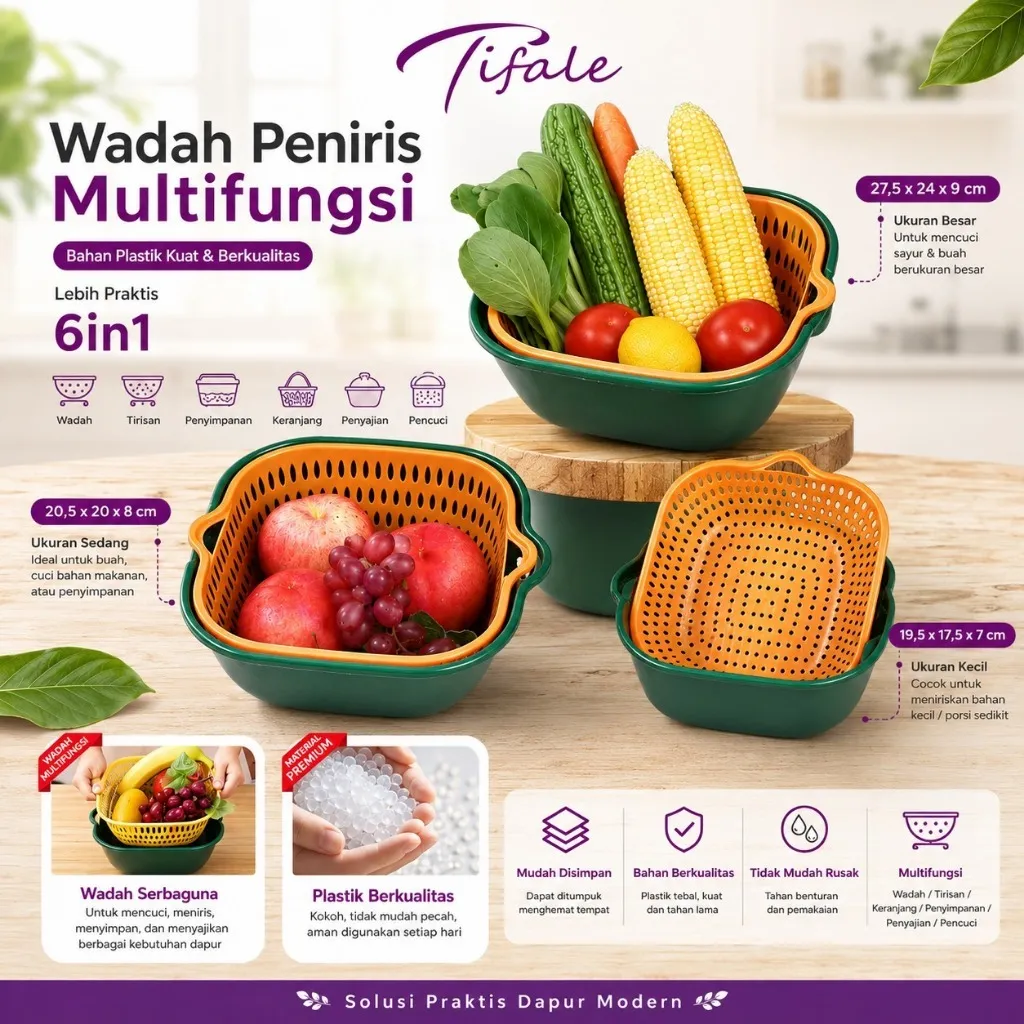 Tifale Wadah Peniris Cuci Sayur 6IN1 Saringan Buah Sayur Serbaguna