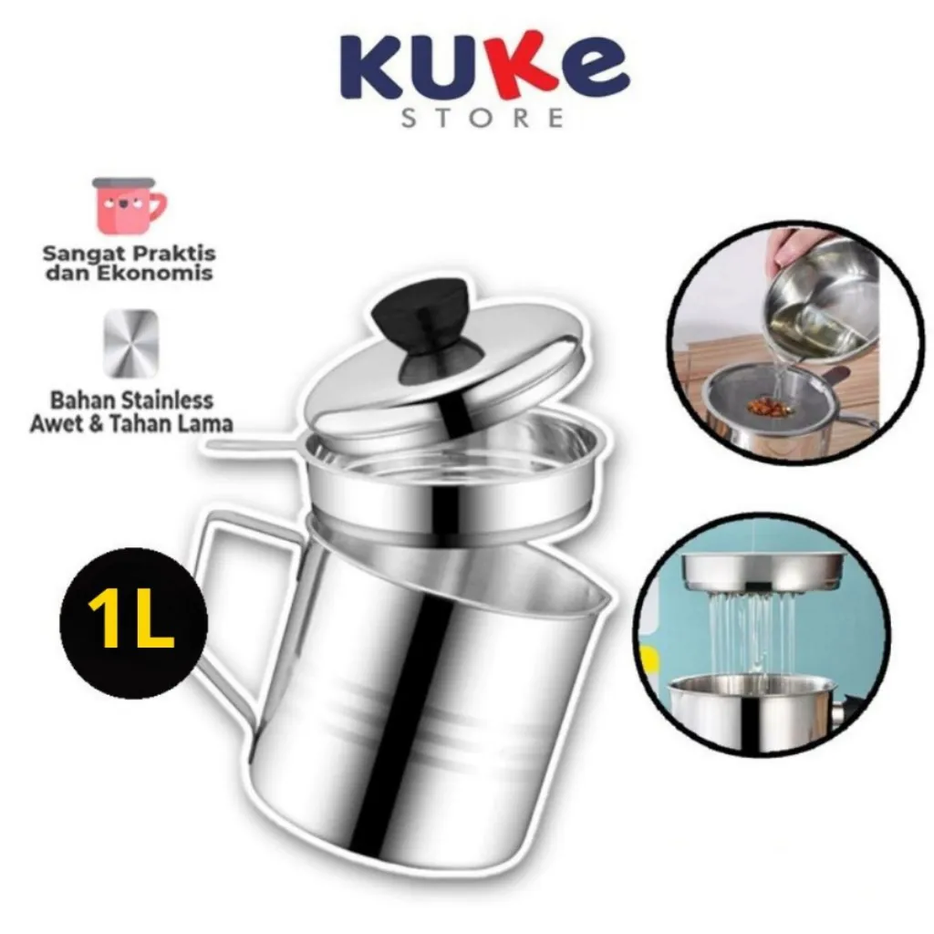KUKE Oil Pot Wadah Saringan Minyak Stainless Steel 1L / Gelas Saringan Minyak / Tempat Saringan Minyak