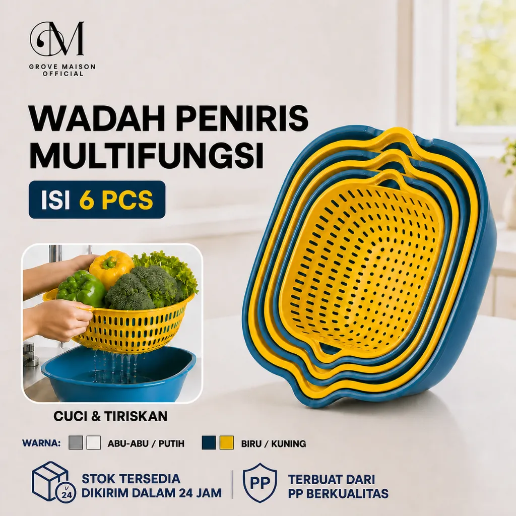 GROVE MAISON Saringan Sayur Buah Baskom Plastik Pencuci Baskom set  6in1 Peniris Air Keranjang Tirisan Multifungsi Saringan Serbaguna