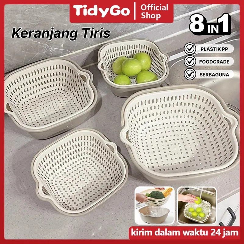 TidyGo - Baskom Sayur Plastik 8in1 Serbaguna Keranjang Saringan Cuci Buah Multifungsi Bebas BPA