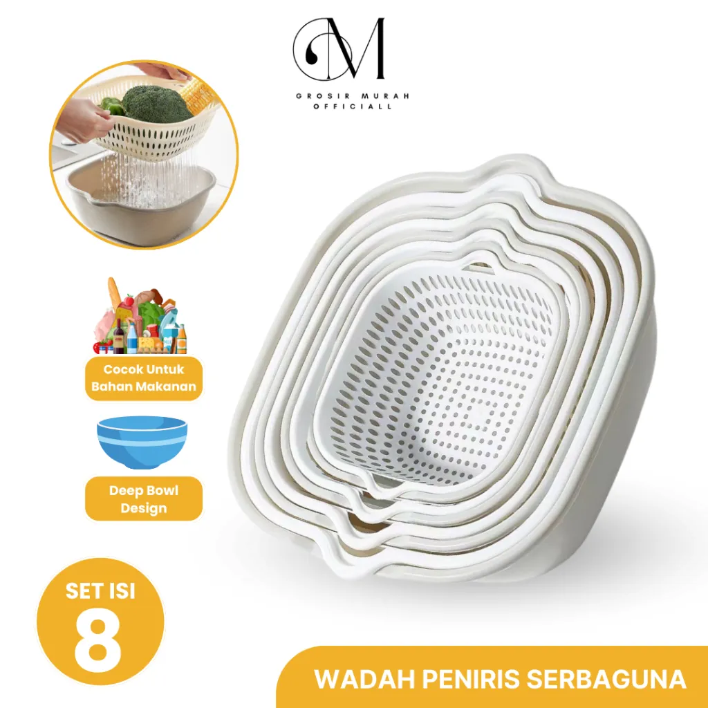 GROVE MAISON Wadah Peniris Cuci Sayur 8in1 Saringan Buah Sayur Baskom Saringan Serbaguna