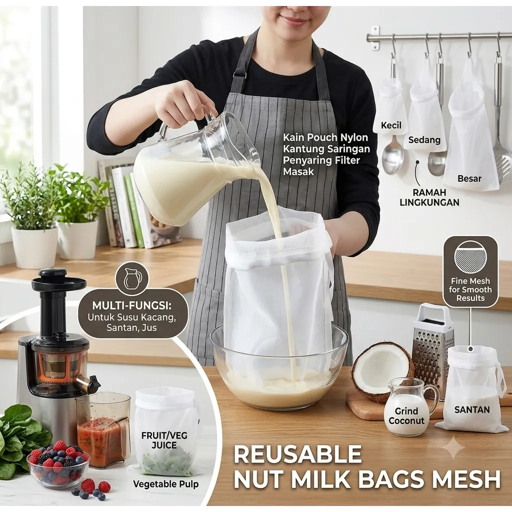 AUTOSHOPE Kain Pouch Nylon Kantung Saringan Penyaring Filter Masak Tepung bubuk Susu Kacang Kedelai Almond Santan Buah Sayur Kantong Peras Blacu Reusable Nut Milk Bags Mesh reusable