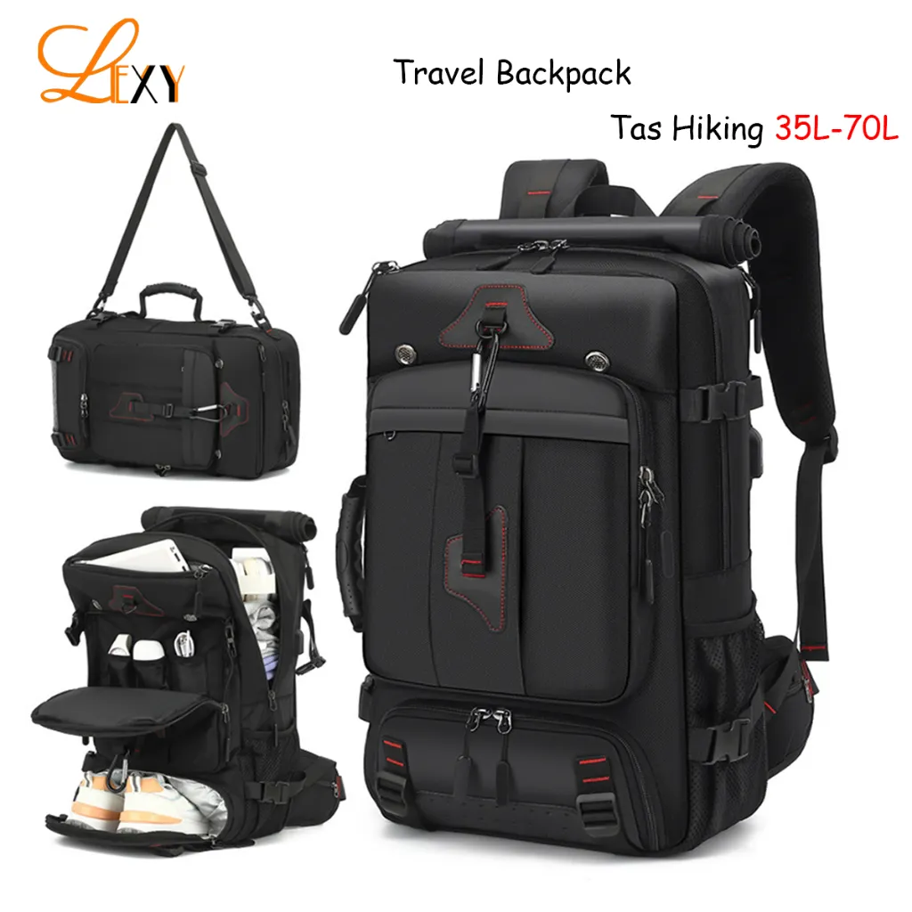LEXY Tas Ransel Travel 35L 60L 70L Kapasitas Besar Anti Air Outdoor Pria Kompartemen Sepatu