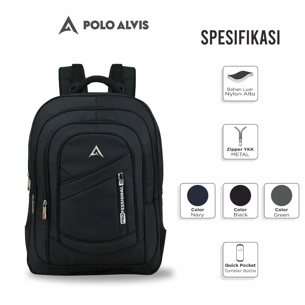 POLO ALVIS - Pro Eternal Tas Ransel Kerja Sekolah Kuliah Backpack Laptop 20 inch Nilon + Rain Cover