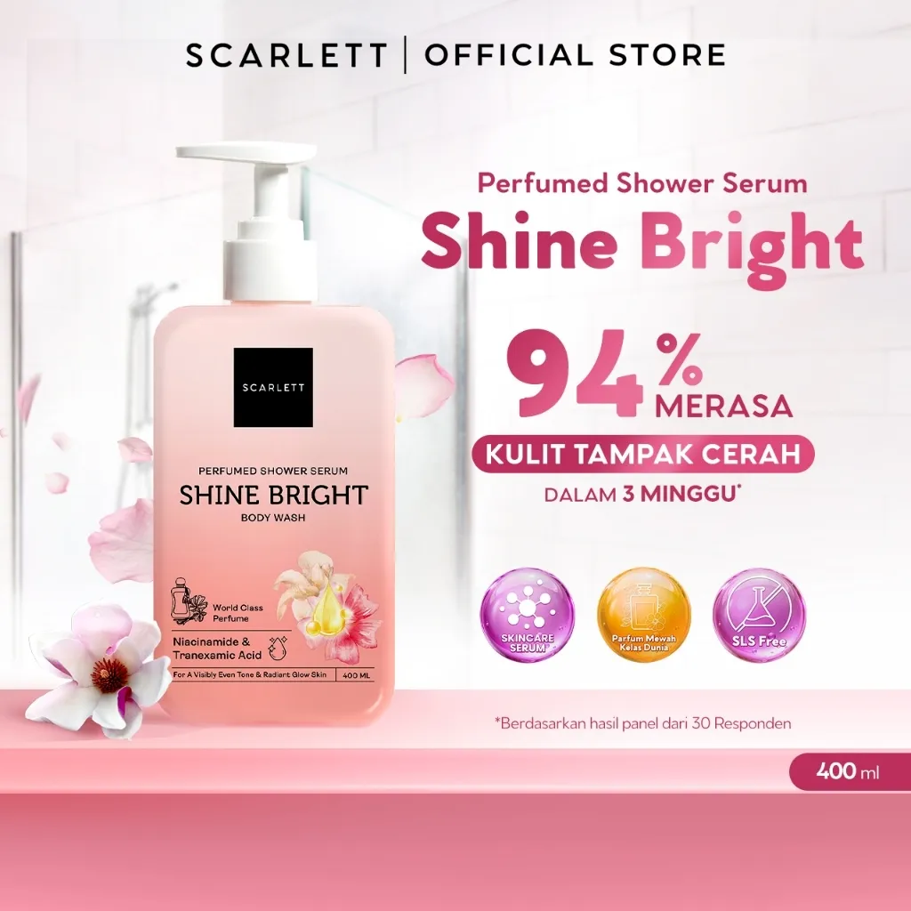 SCARLETT Perfumed Shower Serum 400ml – Shine Bright | Brightening Shower Gel dengan Niacinamide & Tranexamic Acid | Sabun Mandi Cair Mencerahkan Kulit Kusam, Menyamarkan Noda | Kulit Glowing dengan Wangi Parfum Mewah Kelas Dunia