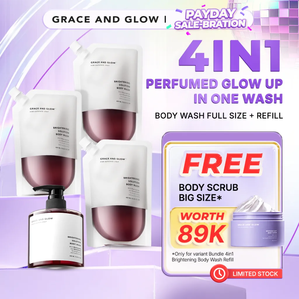 [FREE SCRUB] Grace and Glow Bundle Brightening Body Wash Refill 400ml | Shower Gel Sabun Mandi Cair Mencerahkan Kulit dan Melembabkan Kulit with Niacinamide + Glutathione dengan Wangi Parfum Mewah | Body Soap Kemasan Pouch Isi Ulang [BPOM]