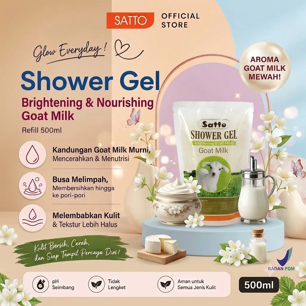 Satto Brightening Shower Gel Goat Milk Refill 500ML – Mencerahkan, Melembapkan & Lembut di Kulit
