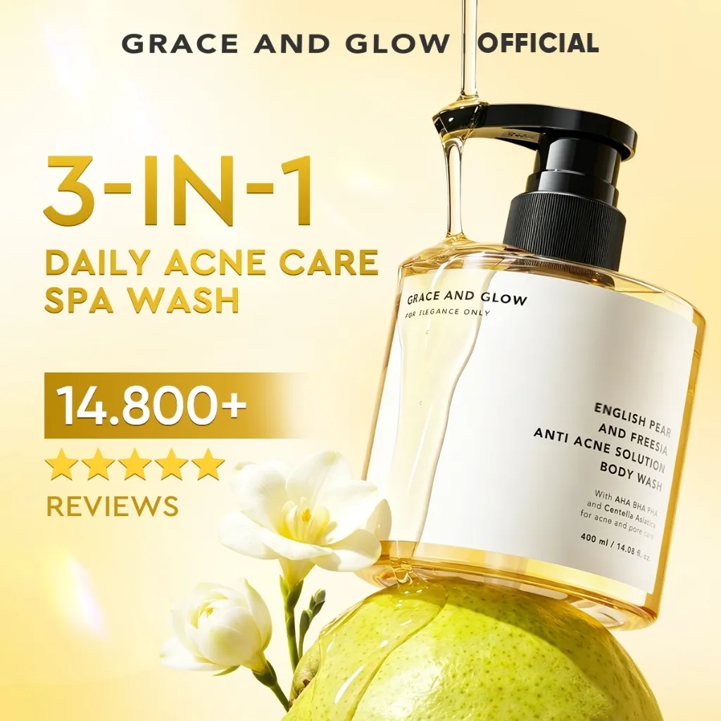 Grace and Glow English Pear and Freesia Anti Acne Body Wash 400ml | Shower Gel | Sabun Mandi Cair untuk Mengurangi Jerawat Punggung with AHA BHA PHA + Centella Asiatica