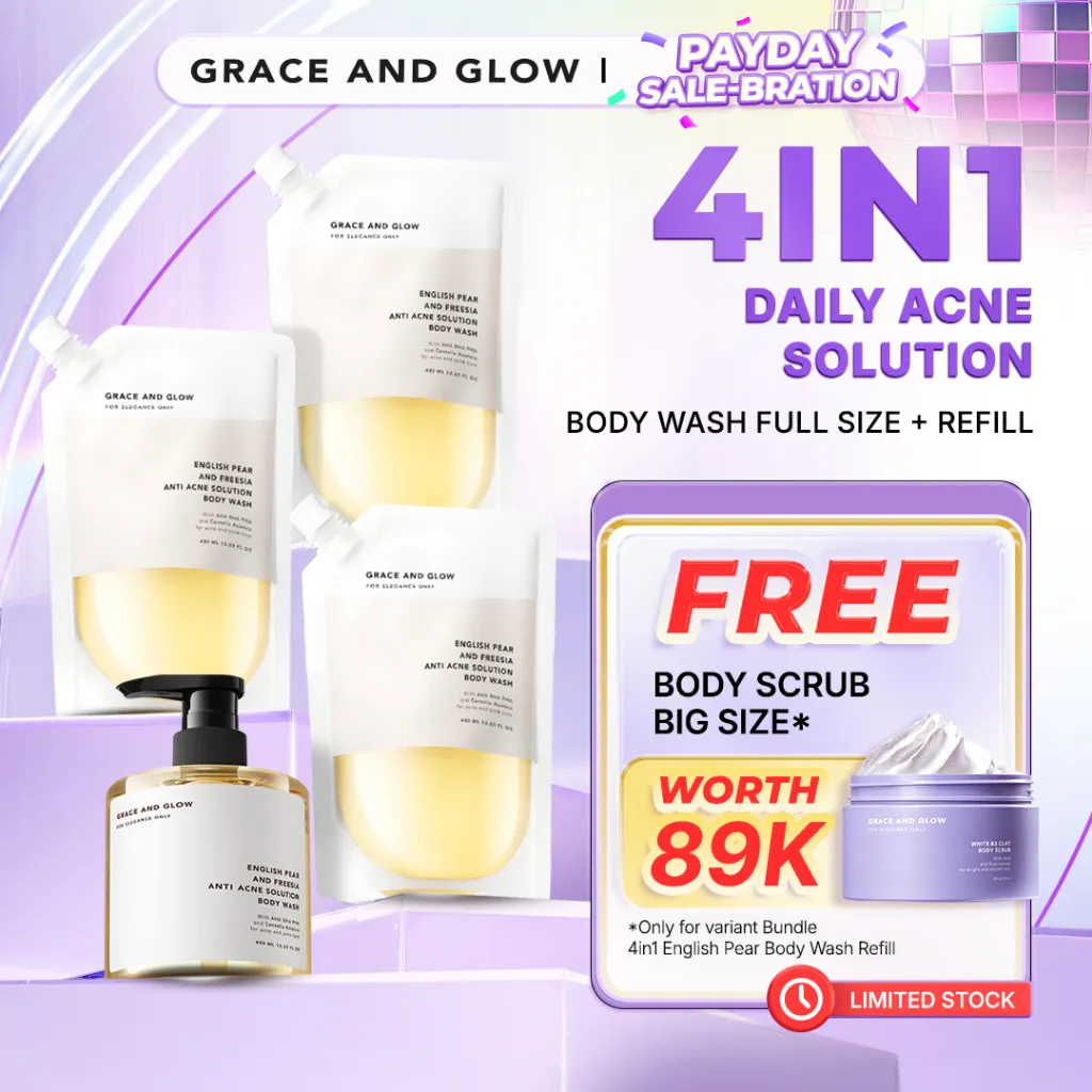 [FREE SCRUB] Grace and Glow Bundle English Pear and Freesia Anti Acne Body Wash Refill 400ml | Shower Gel Sabun Mandi Cair untuk Mengurangi Jerawat Punggung with AHA BHA PHA + Centella Asiatica | Body Soap Kemasan Pouch Isi Ulang [BPOM]