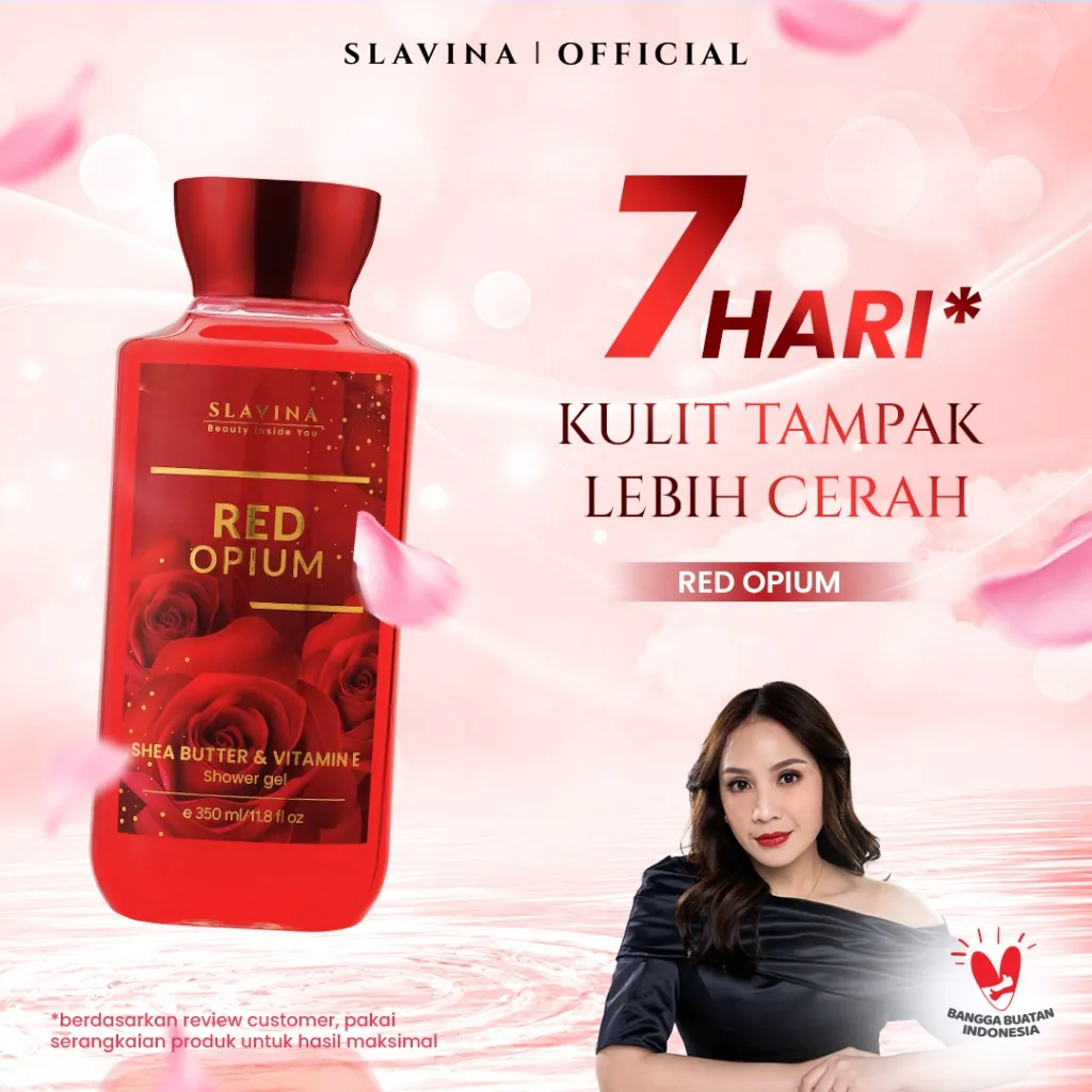 SLAVINA Shower Gel Red Opium by Nagita Slavina – Sabun Mandi Cair Wangi Parfum Mewah Tahan Lama, Body Wash Melembapkan Kulit Dengan Shea Butter & Vitamin E Untuk Kulit Halus Lembut