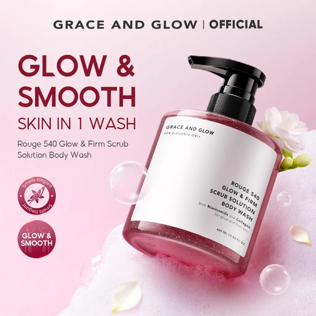 Grace and Glow Rouge 540 Gentle Scrub Body Wash 400ml | Shower Gel | - Sabun Mandi Cair untuk Mengencangkan Kulit Tubuh with Collagen