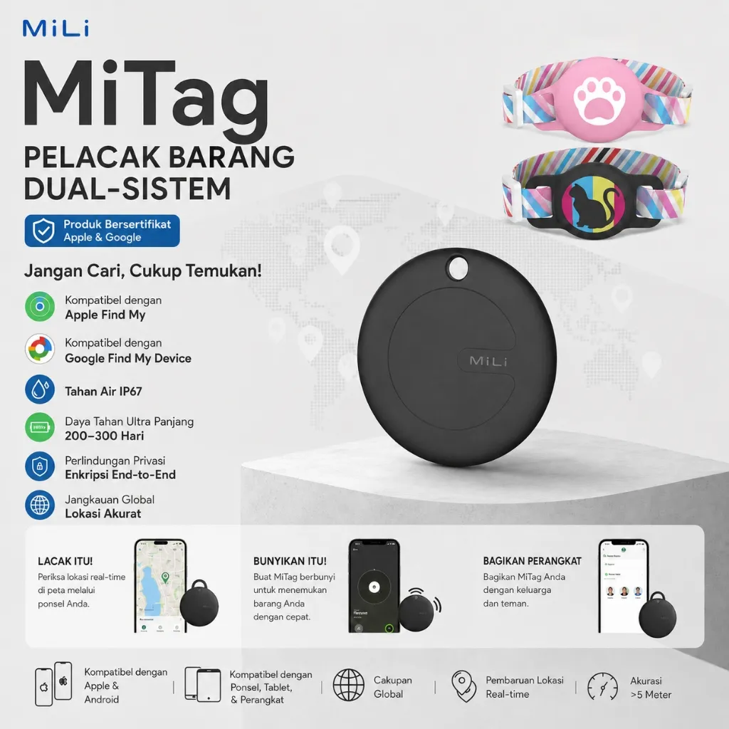 MiLi MiTag Smart Finder iOS & Android Device Tracker Anti Hilang untuk Kunci Tas Dompet Koper Pet Tracker