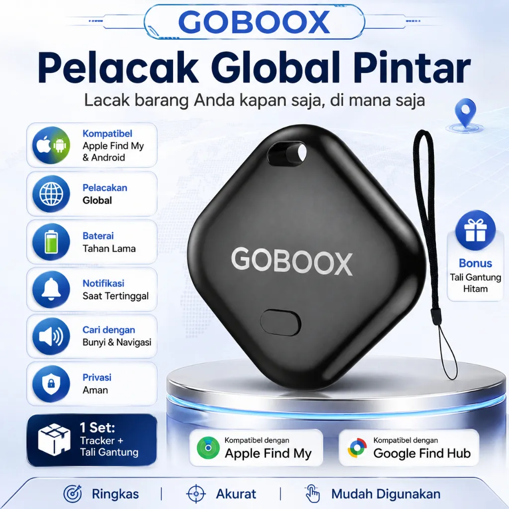GOBOOX Smart Tracker GPS Locator Anti Hilang Global Finder Tag Bluetooth Support Apple Find My & Android Find Hub Baterai 365 Hari