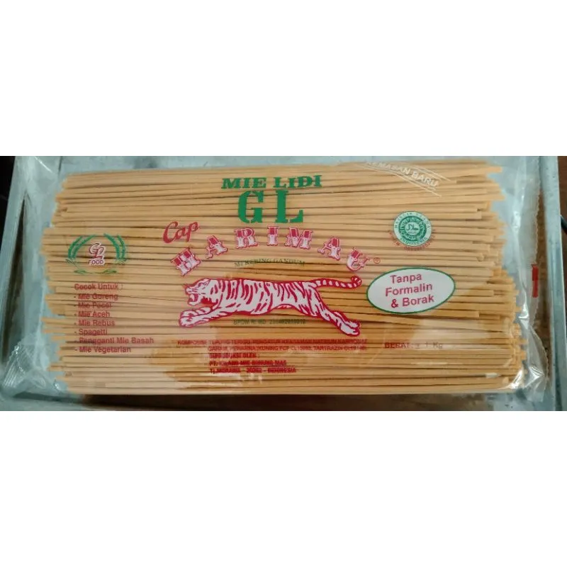 MIE LIDI /GOMAK/MEDAN CAP HARIMAU (MACAN) Mie KERING GANDUM.BERAT 1 Kilogram. Pengiriman MEDAN. pilih 3 ada harga grosir. Cocok untuk Mie Goreng,Mie Pecel, Mie Aceh,Mie rebus, SPagetti, Pengganti Mie basah, Mie vegetarian.Tanpa Formalin & Boraks