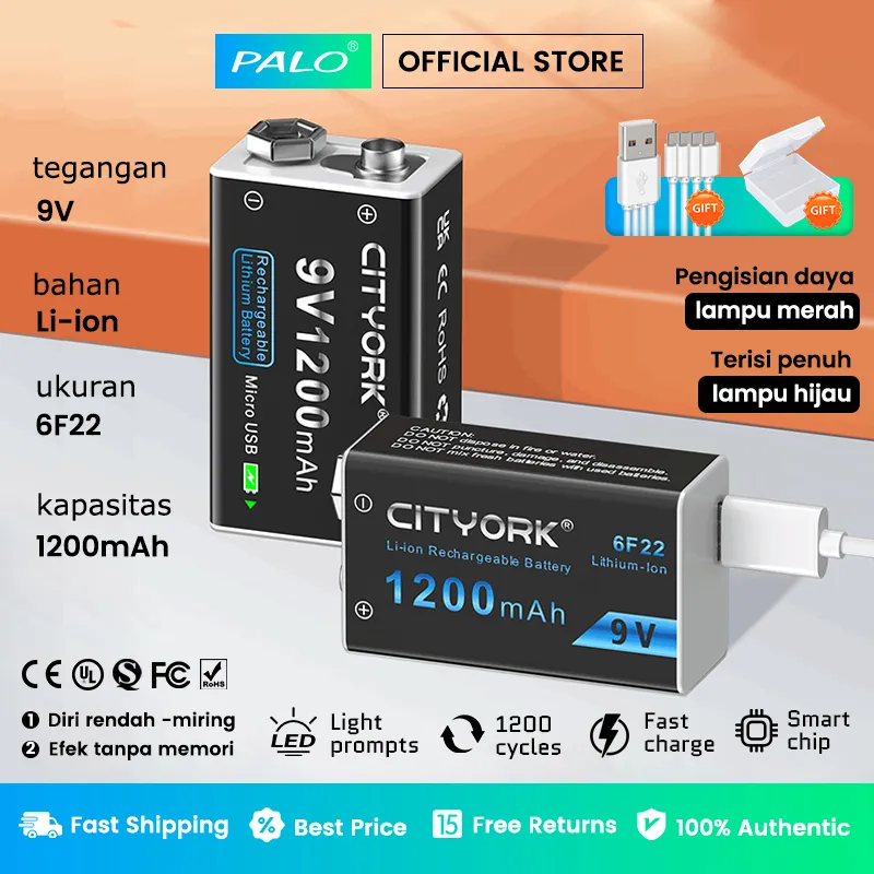 Palo Baterai / Battery / Baru Batere 9V Type-C Rechargeable 6F22 Super Power Batre 9 Volt Li-ion Batteries Smart Tag Bateri For Multimeter Microphone Body Temperature Gun Guitar