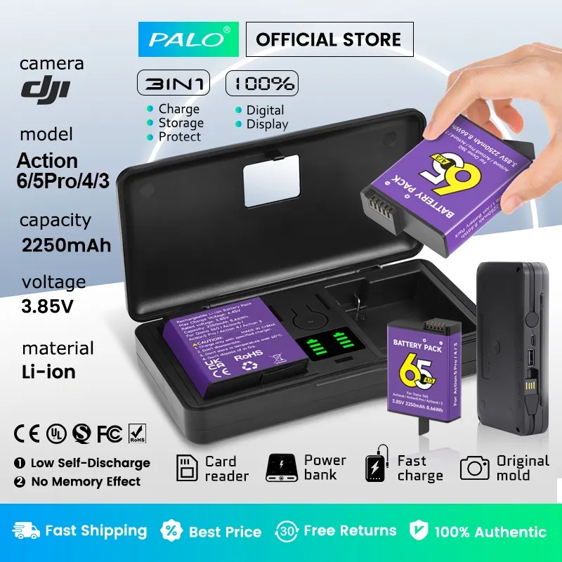 PALO 2250mAh Baterai & Pengisi Daya Untuk DJI Osmo Action 6 & 5 Pro & 4 & 3 Outdoor Sports Camera Baterai Lithium Isi Ulang dengan Tahan Dingin, Kapasitas Tinggi, Daya Tahan Baterai Lama Pengisi Daya Pengisian Cepat Ganda
