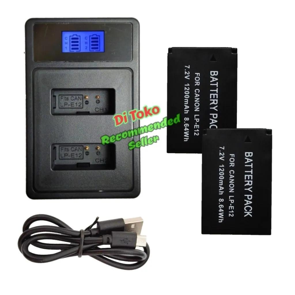 Paket Charger Double Slot + Battery For Kamera Canon Lp E12 ( 1200mAh ) Power High Daya Besar Baterai Lc E12e Batrai Dual Eos M M2 Batrei M10 Batere LcE12e Bateri M50 Batery 100D Batray EosM M100 Baterei LPE12 Baterey M200 Battre Rebel SL1 Kiss X7 Paketan