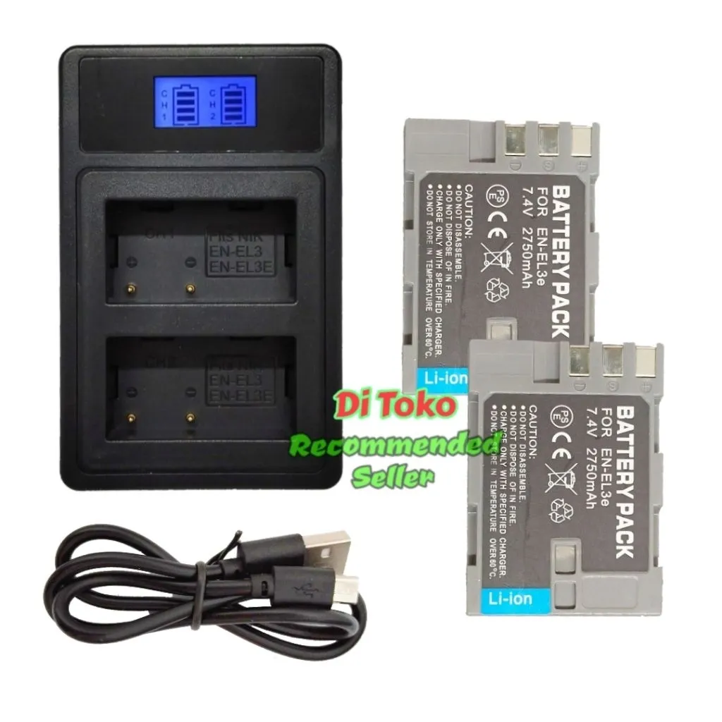 Paket Charger Double Slot + Battery For Nikon En-El3e / El3 ( 2750mAh ) Double Power Daya Besar High Quality Batrai For Kamera DSLR Batrai D90 D80 Batre Nikon D70 D300 Batere Enel3e D50 D700 Batrai Camera Slr El3 ENEL3 For Charger Mh 18a Dual
