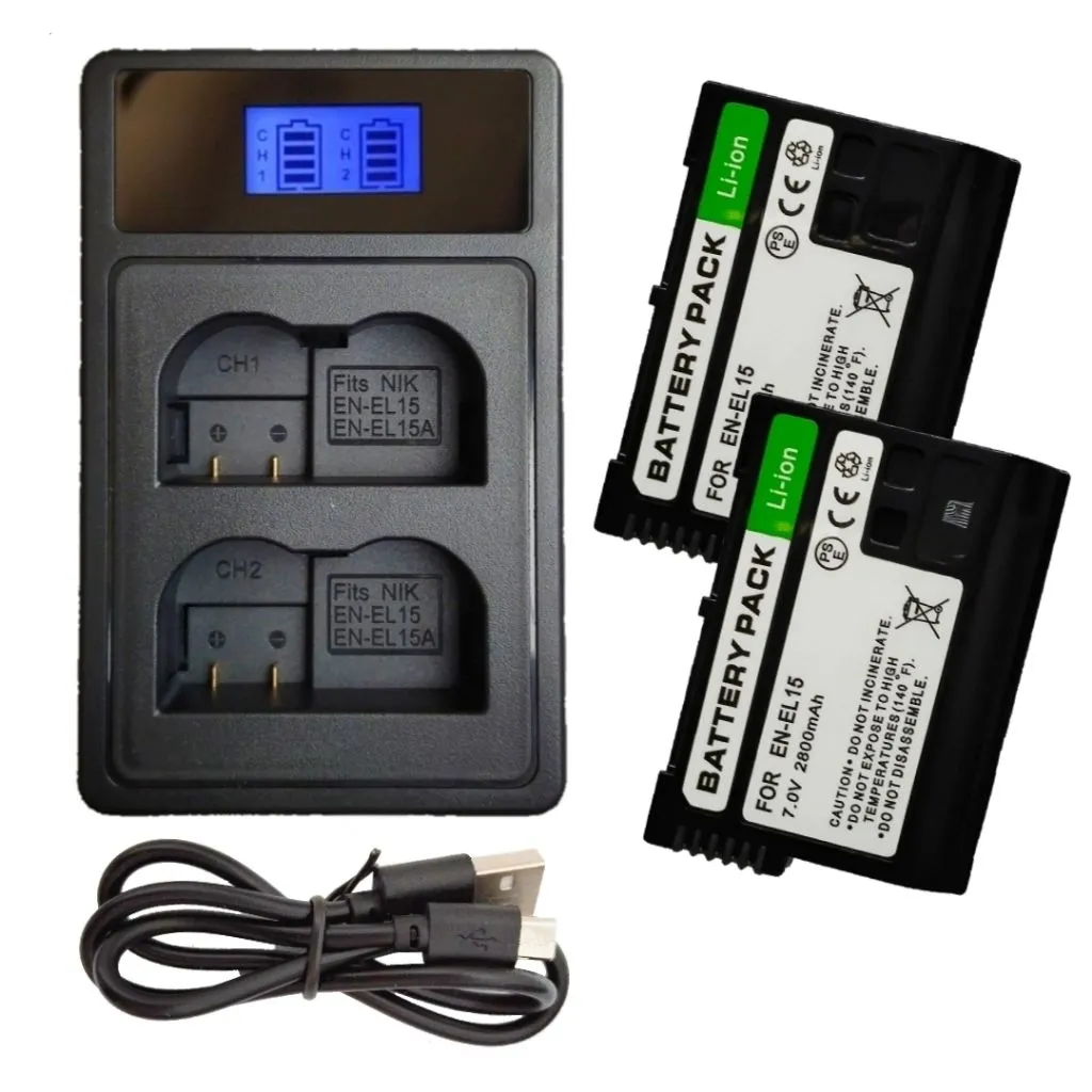 Paket Charger Double Slot + Baterai For Kamera Nikon En-El15 / El15a Batery For Charger Mh 25 Batrai Dslr D610 D800 Batrei D800e D810 Batre Nikon 1 v1 D7000 D7100 Batere Carger Carjer D7200 D7300 Baterei Ces Cesan Nikon Dual