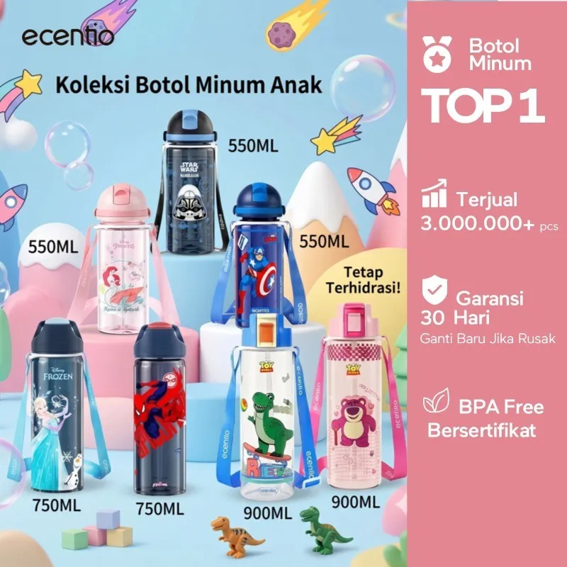 [Disney Botol Minum Anak Seires] ecentio Botol minum anak lucu aesthetic Disney portable plastik BPA Free Botol Sekolah Tahan panas dingin