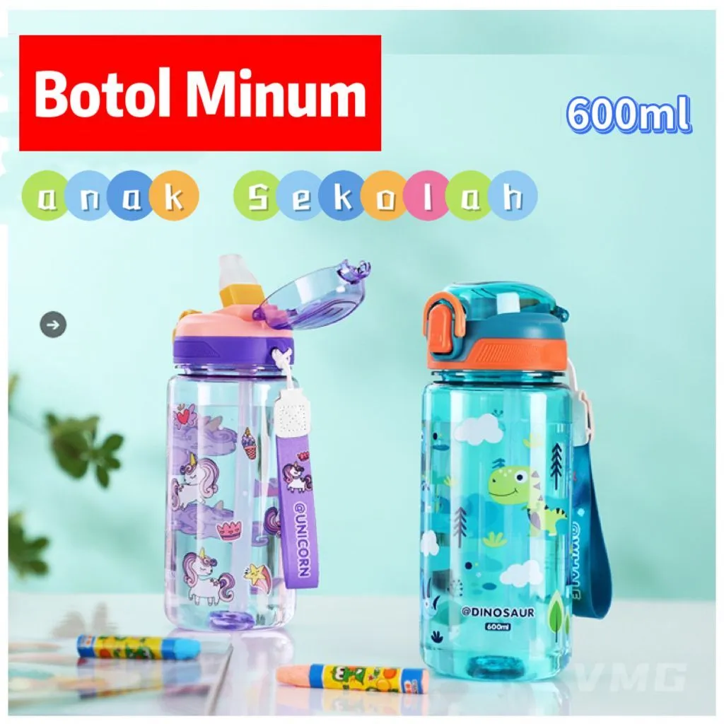 Botol Minum Anak Sekolah BPA Free 600ml Tritan/ Botol Minum Sedotan Anak