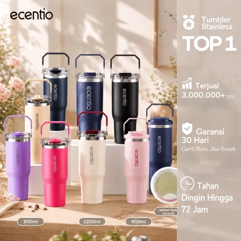[Tumbler Pro] ecentio Tumbler Stainless 900ml/1200ml Portable Thermos Botol Minum Besar Dengan Tas Tahan Panas Dingin 24 Jam Aesthetic Lucu Termos Air Panas Kopi Dengan Sedotan Cocok Untuk Sekolah Anak Laki-Laki