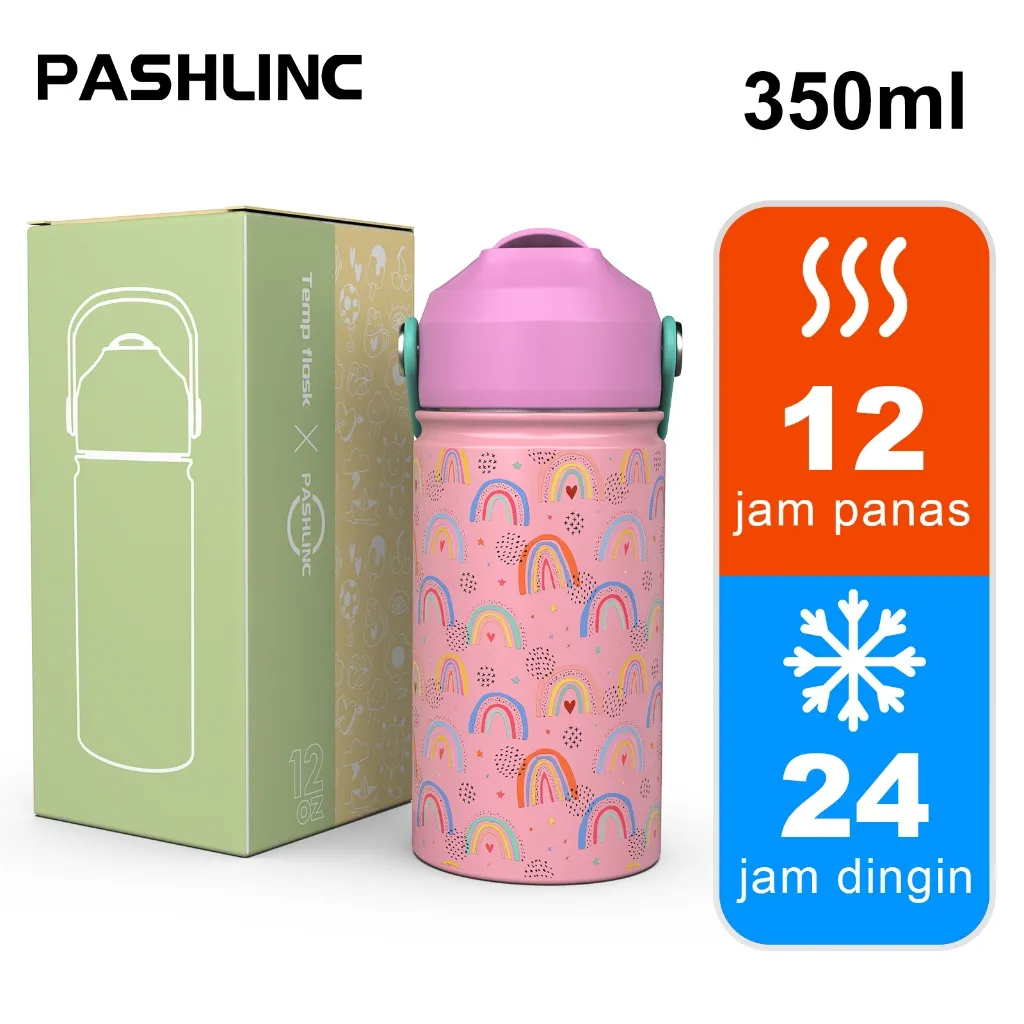 PASHLINC Botol Minum Tumbler Anak 350ml Stainless Steel BPA FREE SUS 304 Dengan Sedotan Silicon Tebal, Penggunaan Nyaman untuk Anak Bermain dan Sekolah