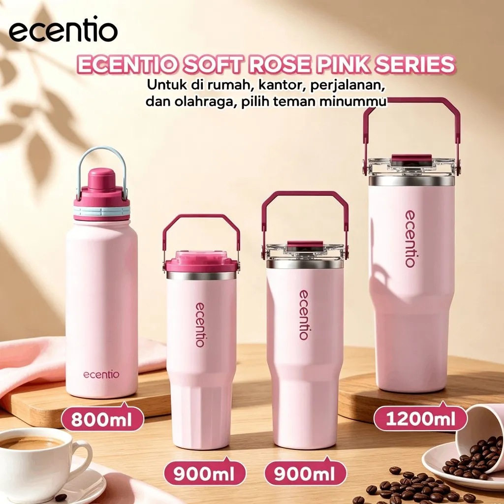 Ecentio Soft Rose Pink Serise Tumbler Stainless Tahan Panas Dingin 24 jam Panas 11h botol minum tumbler aesthetic botol minum anak perempuan 800ml/900ml/1200ml