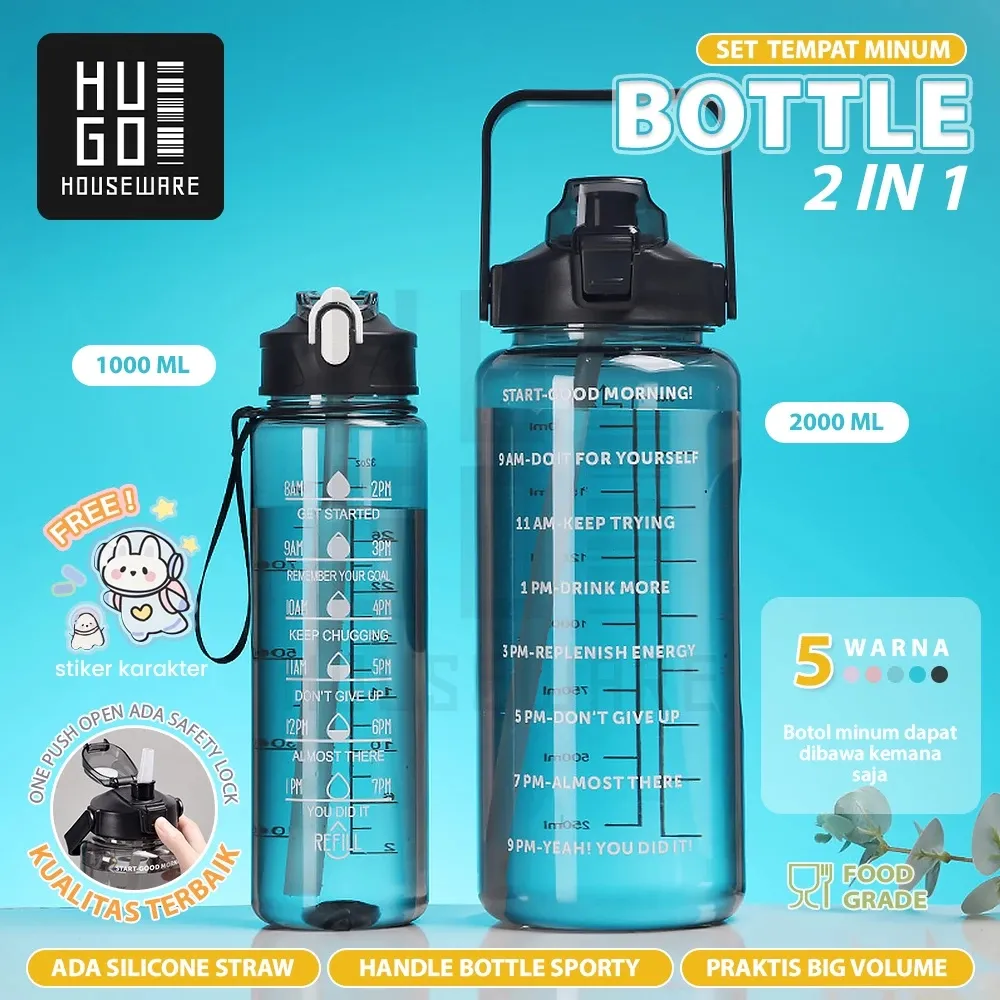 Hugo Houseware Botol Minum Motivasi 2in1 Botol Air Jumbo 2 Liter + 1 Liter Botol Anak BPA FREE