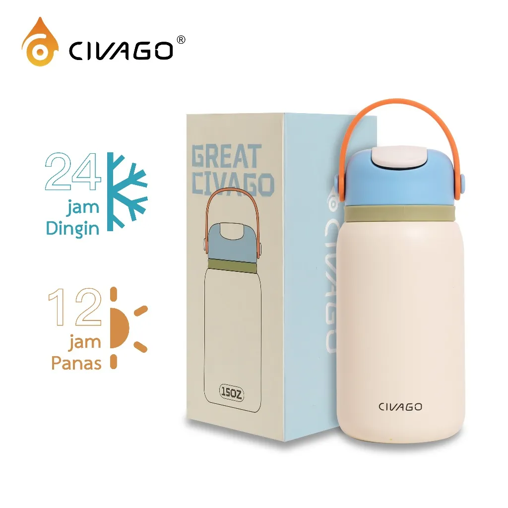 CIVAGO  (15oz/450ml)  Botol Vakum Stainless Steel 316 - Botol Minum Portabel Lucu dengan Sedotan untuk Anak