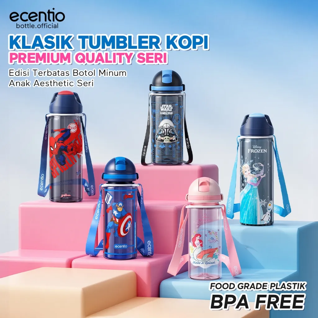ecentiokids x Disney Series Marvel Captain America/Lotso/Elsa Botol Minum Anak Lucu Sekolah Bpa Free Portable sedotan botol minum anak Food Grade Plastik Tempat Minum anak anti tumpah