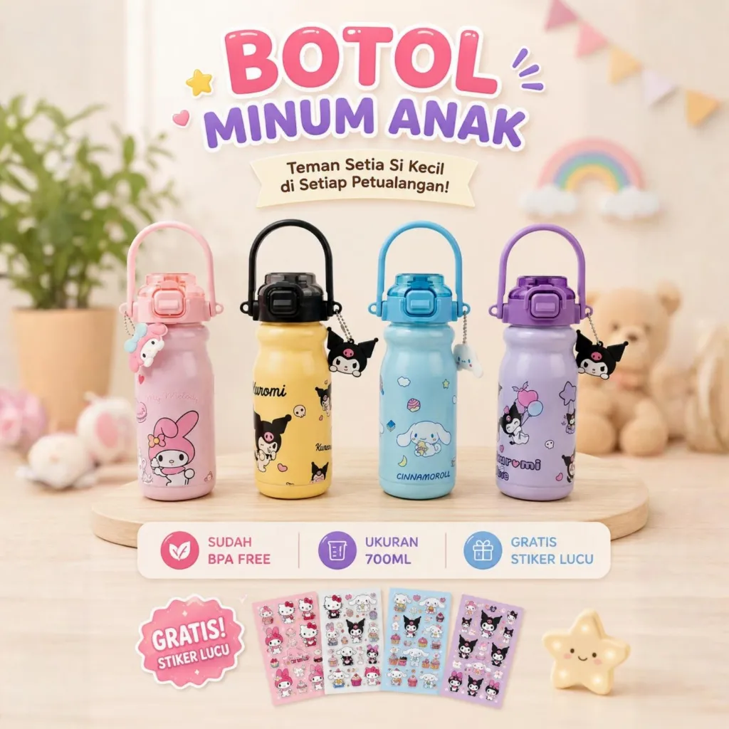 BOTOL MINUM HANDLE 700ML KARAKTER LUCU/ BOTOL MINUM ANAK BPA FREE + GRATIS STIKER DAN GANTUNGAN
