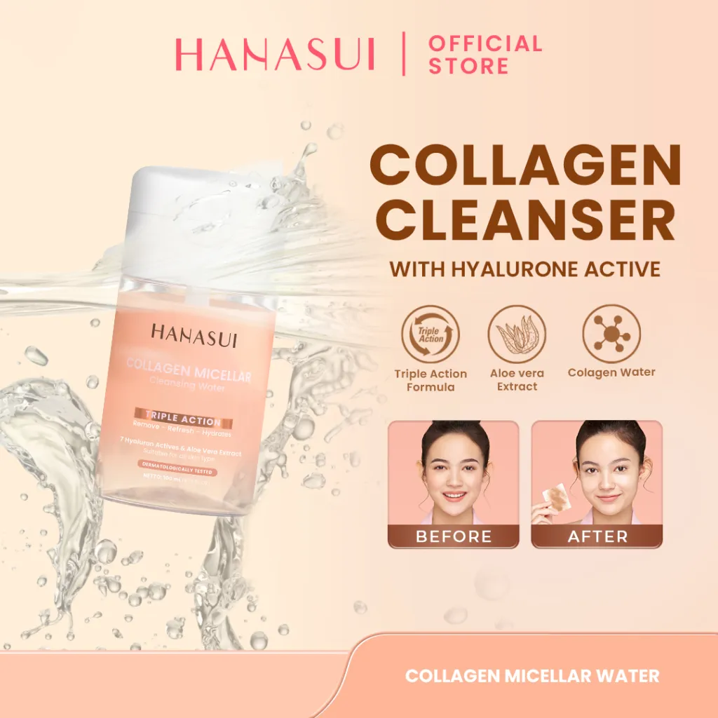 HANASUI Micellar Collagen Cleansing Water - Pembersih Makeup Waterproof Tahan Air Lembut Mengangkat Kotoran Melembapkan Mengandung Collagen Water Menjaga Kelembapan Kulit Lembut Untuk Digunakan Menghapus Make Up Area Mata & Bibir Original