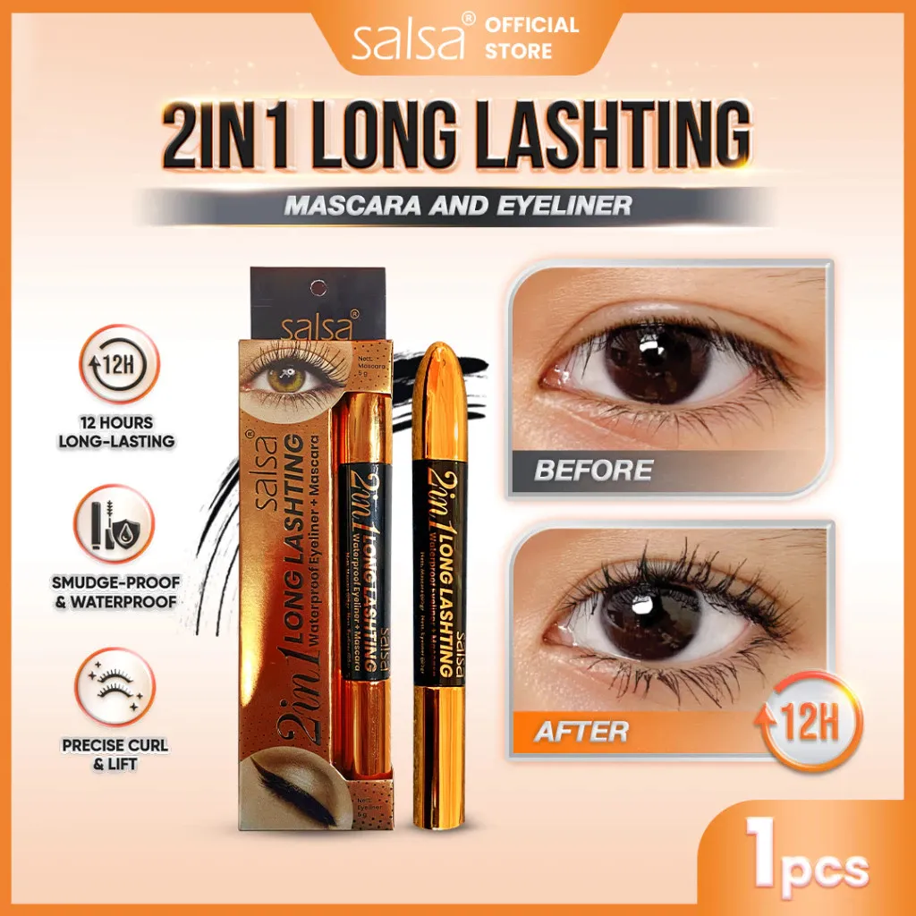 SALSA 2in1 Long Lashting Mascara - Maskara 2in1 Eyeliner | Pelentik Bulu Mata Tahan Lama Hingga 12 Jam Waterproof | Maskara | Waterproof |Waterproof | Awet | Eyeliners