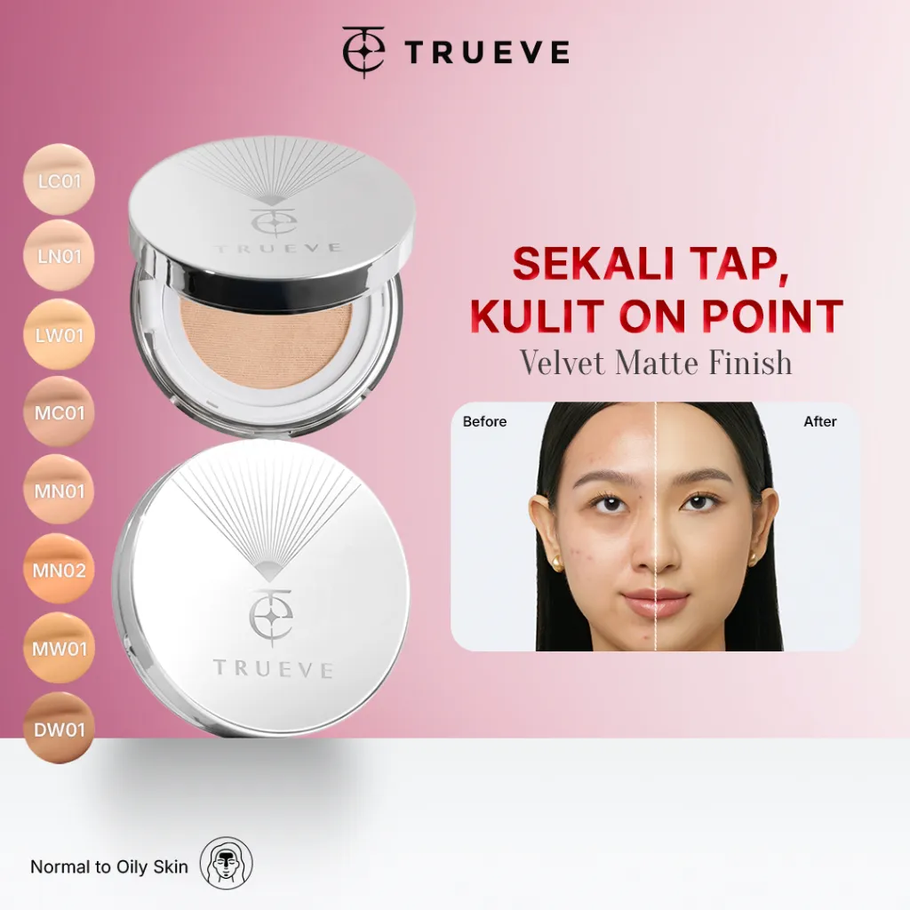 TRUEVE Velvet Hi-Cover Mesh Cushion - High Coverage, Tahan Lama Seharian, Minim Oksidasi, Poreless Matte Velvet Finish, Kulit Normal Kulit Berminyak, Transferproof Waterproof Perfect Stay Cover Blur