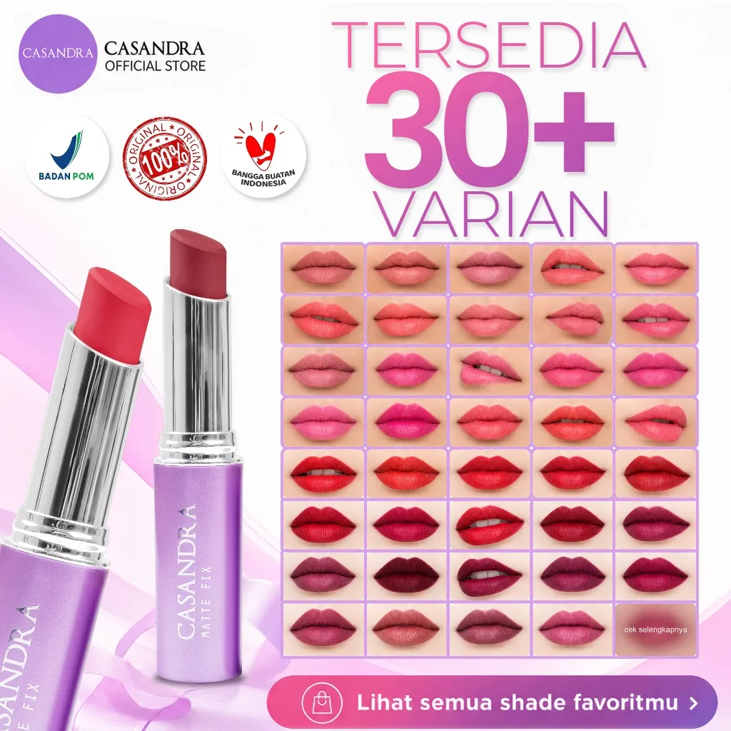 [MATTE & WATERPROOF] BPOM CASANDRA Matte Fix Lipstick Lipstik Matte Waterproof Tahan Lama High Pigmented Velvet Finish Ringan Nyaman Dipakai, Cocok untuk Daily Makeup, Ombre Lips, Makeup Bibir, Pilihan Warna Cantik, Lipstick Wanita Original